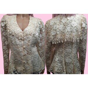 Vintage 80s Cream Lace Sailor Collar Blouse Size M Victorian Romantic Cottage